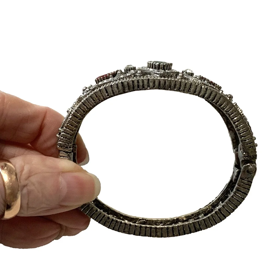 Indian Style Clamper Bracelet Antiqued Silver Tone Filigree Faux Gemstone 6.75